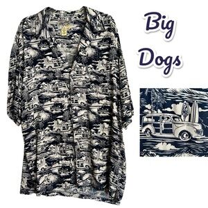 BIG DOGS XL Mens Hawaiian Shirt Vintage Tropical Cars Surf Boards Navy Ivory Dog